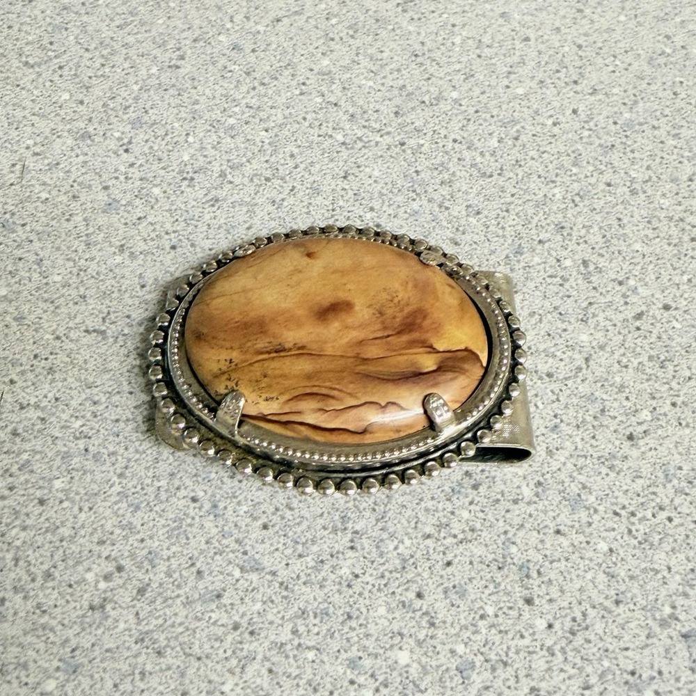 Vintage Silver Tone Money Clip w/ Natural Stone Cabochon Inlay Brown Tan Jasper